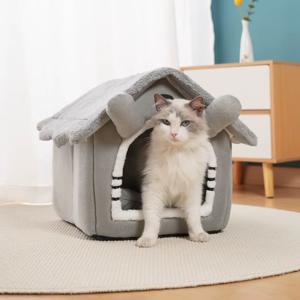 Semi-Enclosed Washable Cat House for Indoor Use